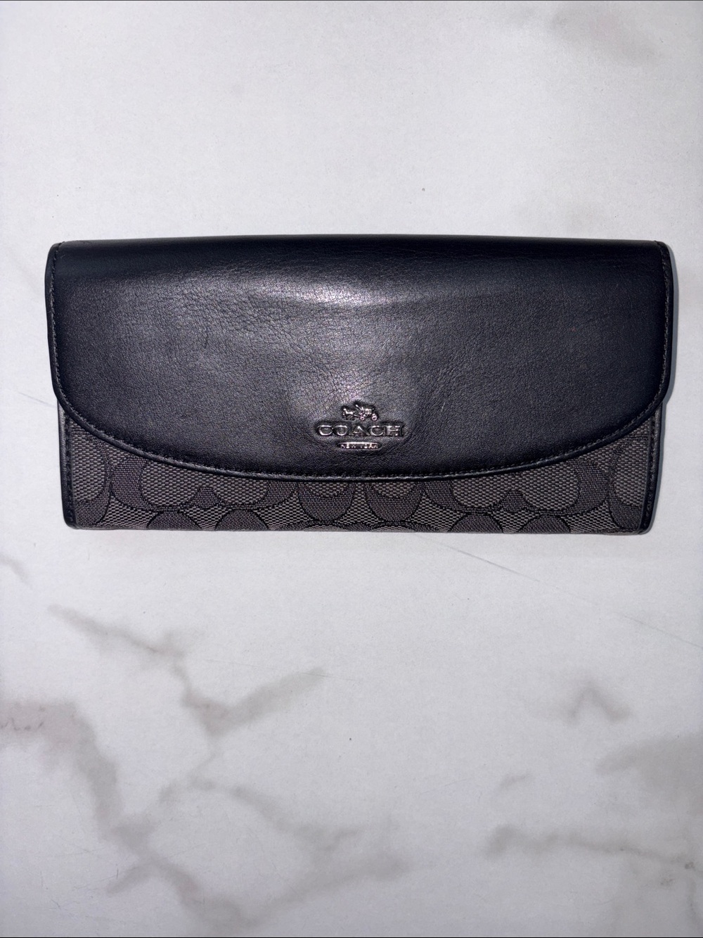 Coach Black Leather & Signature Canvas Continental Wallet